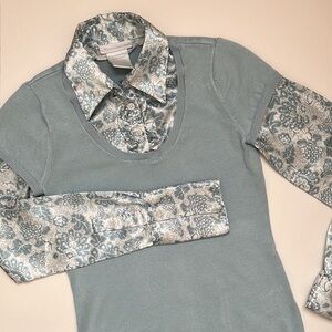 XS Vintage Y2K All-in-One Satin Blouse + Sweater Top Baby Blue & White